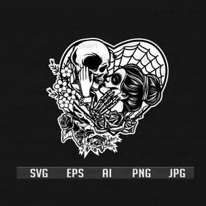 May include: Black and white illustration of a skeleton and a woman with a skull face kissing inside a heart shape with a spider web. The couple is surrounded by roses and other flowers.