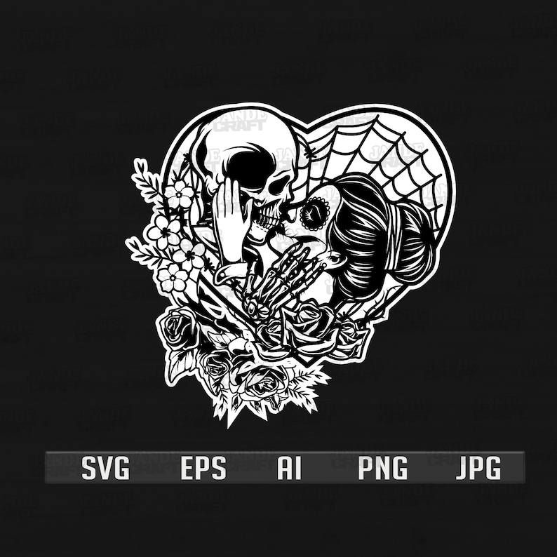 May include: Black and white illustration of a skeleton and a woman with a skull face kissing inside a heart shape with a spider web. The couple is surrounded by roses and other flowers.