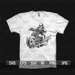 May include: A white t-shirt with a black and white illustration of a skeleton riding a motorcycle with flames coming from the wheels. The text "JADE CRAFT" is repeated in the background.