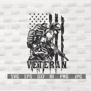 May include: Black and white silhouette of a soldier holding a rifle, standing in front of a distressed American flag with the word "Veteran" below.