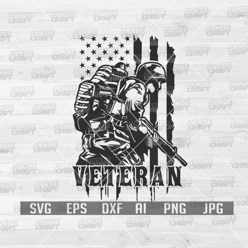 May include: Black and white silhouette of a soldier holding a rifle, standing in front of a distressed American flag with the word "Veteran" below.