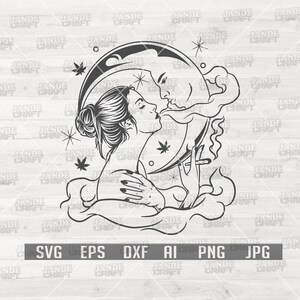 Può includere: Illustrazione in bianco e nero di una donna con una luna crescente dietro di lei. La donna tiene una sigaretta in mano e guarda la luna. La luna ha un viso e sta soffiando fumo.