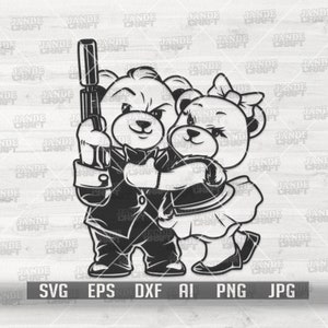 Teddy Lovers avec Gun svg | Mafia papa et maman Clipart | Fichier de coupe de couple de gangsters | Pochoir ours en peluche hippie jpeg | Chemise Hipster Grizzly png