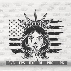 Estátua da Liberdade dos EUA Joker Chic svg | Clipart de garota gangster | Senhora Hipster dos EUA Estêncil | Arquivo de corte da Rainha da Máfia | Sinal de silêncio | Bastante Camisa png