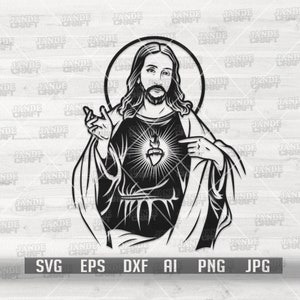 Jésus svg | Christ Clipart | Lord Cutfile | Rédempteur dxf | Chemise chrétienne png | Jpeg catholique | Savior Cut File | Sacré-Cœur svg | Augmenté