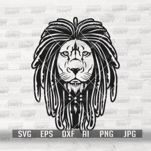 May include: Black and white silhouette of a lion's head with dreadlocks. The lion has a serious expression and a beard.