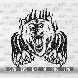 May include: Black and white illustration of a bear with sharp claws, roaring with its mouth open. The bear's claws are visible around the edges of the image.
