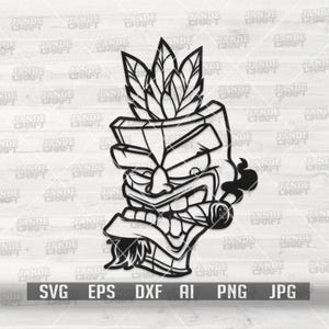 May include: Black and white tiki mask design with a leafy crown and a cigar. The image includes the text "SVG EPS DXF AI PNG JPG" at the bottom. The mask has a detailed, carved appearance, with a wide open mouth and stylized features.