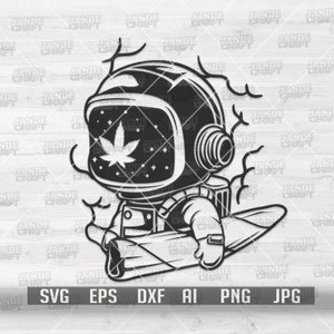May include: Black and white illustration of an astronaut wearing a helmet with a marijuana leaf inside. The astronaut is holding a large joint in their hand.