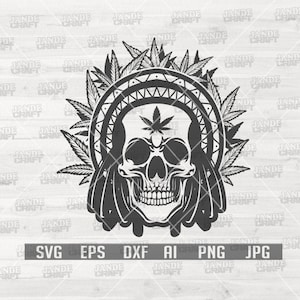 May include: Black and white illustration of a skull with dreadlocks and a cannabis leaf on its forehead. The skull is surrounded by cannabis leaves.