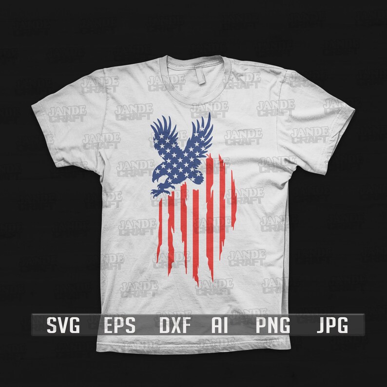 May include: A white t-shirt with a distressed American flag design featuring a bald eagle with stars on its wings. The eagle is flying over the flag, which is red, white, and blue.