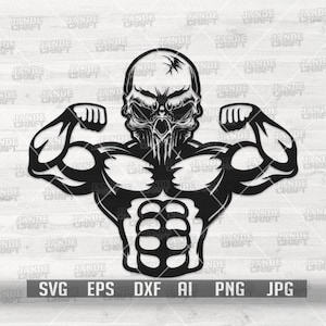 May include: Black graphic of a muscular figure with a skull head, flexing its arms. The design includes defined abs and a detailed skull face. The image also includes the text "SVG EPS DXF AI PNG JPG".