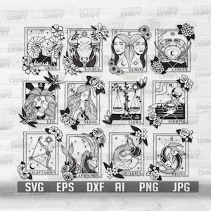12 Sternzeichen SVG Bundle | Geburtstagssymbol Clipart | Geburtsmonat Schnittdatei | Celestial Stars svg | Mystical Meteor Lines T-Shirt | Tarot dxf