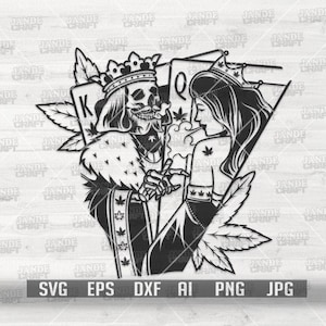 May include: Black and white digital art featuring a skeletal king wearing a crown and a queen with long hair, both holding a smoking device. The image includes cannabis leaves and playing card symbols. The bottom of the image displays file type options.