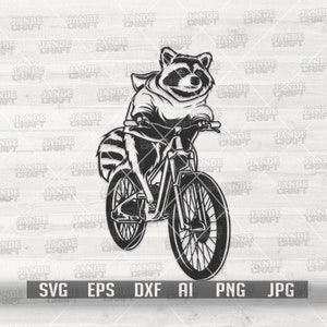 Raccoon on Bike svg | Sports Animal Clipart | Trash Panda Stencil | Trashy Street Cat Cutfile | Woodland Biker Zoo Crew dxf | Zookeeper png