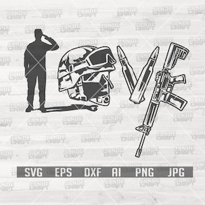 Puede incluir: Una silueta en blanco y negro de una persona saludando, un casco de camuflaje, dos balas y un rifle. La palabra "LOVE" está formada por los objetos. La imagen está sobre un fondo blanco con un patrón de veta de madera gris.