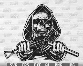 Grim Skull Mining svg / Miner Dad Gift Idea png / Mining Land Monogram / Grim Reaper Clipart / Halloween Cut File / Horror Scary Boo Stencil