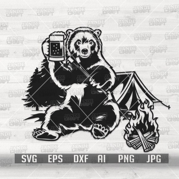 Bear Camping with Beer svg | Camp Life T-shirt Design png | Camper Clipart | Outdoor Scene Stencil | Wild Animal Grizzly Cut File | Bon Fire