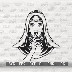 May include: Black and white illustration of a woman wearing a hooded robe with her finger to her lips, as if to say "shhh".
