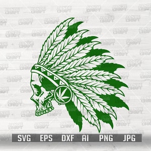 May include: Green graphic of a skull wearing a feathered headdress, with a cannabis leaf emblem. The design is a digital file, with file type options including SVG, EPS, DXF, AI, PNG, and JPG.