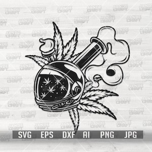 May include: A black and white graphic featuring a space helmet, cannabis leaves, and a smoking pipe. The helmet has stars and cannabis leaves inside. The image includes the text "SVG EPS DXF AI PNG JPG".