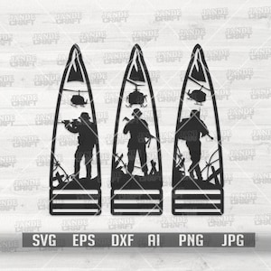 May include: Three black silhouette designs featuring soldiers and helicopters. Each design is in a vertical, elongated shape with a pointed top and a rectangular base. The designs include the text "SVG EPS DXF AI PNG JPG".