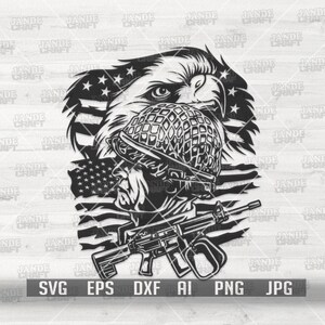 US Patriotic Eagle Soldier svg | Military Dad Clipart | Army Shirt png | USA Veteran Cutfile | Air Force Gift Idea dxf | Navy Marine Stencil