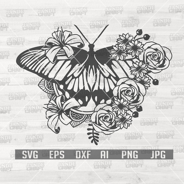 Floral Butterfly svg | Flower Animal Clipart | Cute and Lovely Insect Stencil | Roses and Butterfly Wings Cut File | Pet Lover Shirt Cutfile