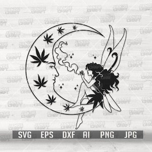 May include: Black and white illustration of a fairy sitting on a crescent moon with a face. The fairy is holding a leaf in her hand and there are stars and cannabis leaves around the moon.
