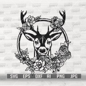 Hirsch Blumen Kranz svg | Blume Tier Clipart | Wald Wild Life Shirt png | Boho Decors Cutfile | Süßes Frauengeweih dxf | Western Jäger