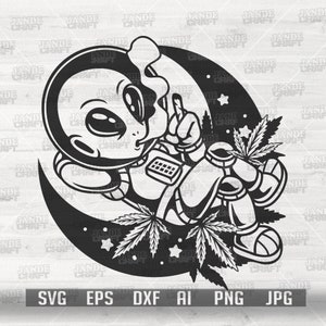 Alien Rauchen Gelenk im Mond svg | Cannabis Clipart | High Rasta T-Shirt png | Marihuana Dope UFO-Schnittdatei | Passe und Puste dxf | Unkraut entsteint jpg