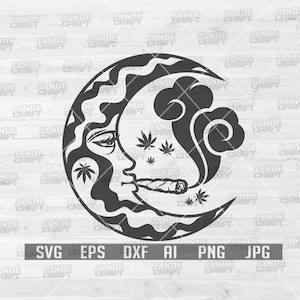 May include: Black and white graphic of a crescent moon with a face, smoking a joint. Marijuana leaves are scattered around the moon. The image includes file type abbreviations: SVG, EPS, DXF, AI, PNG, and JPG.