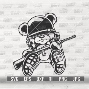 Soldat ours en peluche svg | Clipart animal militaire | Ours de combat hipster dxf | Hippi Teddy avec mitrailleuse | Idée cadeau papa soldat | Vétéran