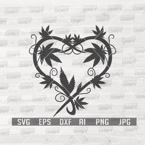 Puede incluir: Una silueta en blanco y negro de una forma de corazón hecha de hojas de marihuana. El corazón está rodeado por un patrón de vid decorativo. La imagen incluye el texto "SVG EPS DXF AI PNG JPG".