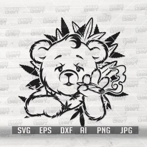 May include: Black and white graphic of a teddy bear holding a cannabis joint, surrounded by cannabis leaves. The bear has a crown of cannabis leaves. The image includes file type options: SVG, EPS, DXF, AI, PNG, and JPG.