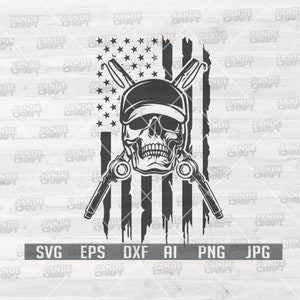 May include: A black and white illustration of a skull wearing a baseball cap, with crossed fishing rods behind it. The skull is in front of a distressed American flag.