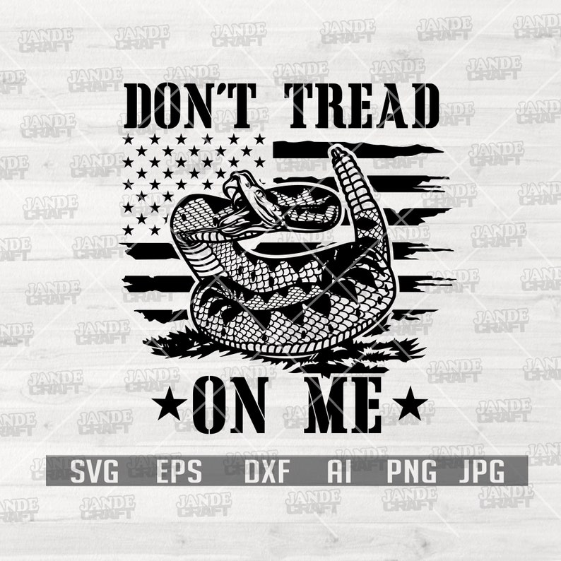 May include: Black and white graphic design of a rattlesnake coiled around a distressed American flag with the text "Don't Tread On Me".