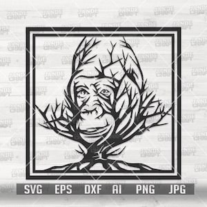 猿の壁アート svg | ゴリラのアートワーク カットファイル | 猿の傑作 dxf | 枯れ木の小枝のクリップアート | 木の芸術的な抽象芸術 jpeg | ウォールアート jpg