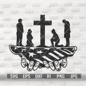 May include: Black silhouette of three figures kneeling before a cross, with a hand reaching down from above holding an American flag. The figures represent a firefighter, a police officer, and a military service member.