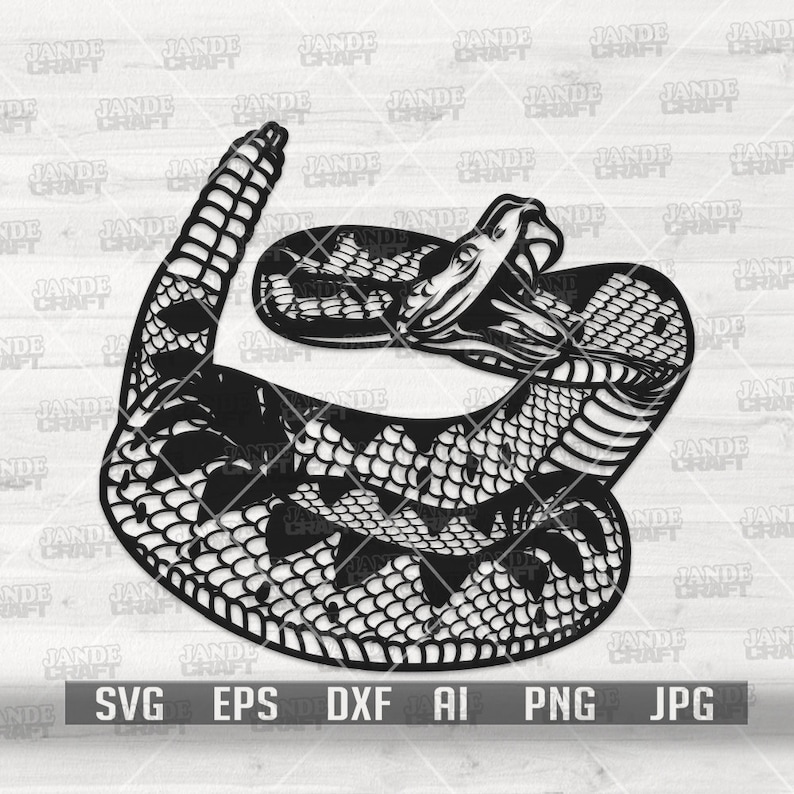 May include: A black and white digital illustration of a coiled rattlesnake with its mouth open. The snake is curled in a circle with its tail pointing up.