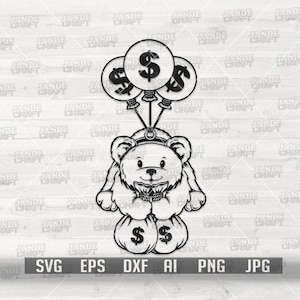 Oso de peluche con bolsa de dinero svg / Hipster Teddy Clipart / Gangster Teddy dxf / Hippie Brown Bear Cutfile / Bandit Robbery Stencil / Robber jpeg