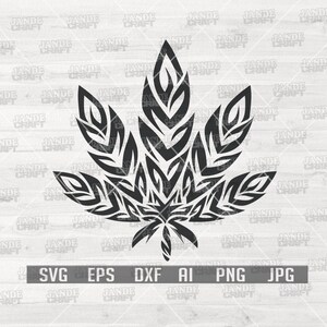 May include: Black and white tribal style marijuana leaf design.  SVG, EPS, DXF, AI, PNG, and JPG file formats are included.
