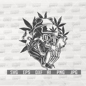 May include: Black and white graphic of a skull wearing sunglasses and a hat adorned with cannabis leaves. The skull is smoking a cigarette and surrounded by smoke and more cannabis leaves. The image includes file type options: SVG, EPS, DXF, AI, PNG, and JPG.