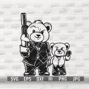 Teddy père et fils avec Gun svg | Clipart famille mafia | Gangster papa et garçon Cutfile | Pochoir ours en peluche hippie | Chemise Hipster Grizzly
