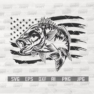 Puede incluir: Ilustraci&oacute;n en blanco y negro de un pez de bajo con la boca abierta, sobre un fondo de bandera estadounidense desgastada.