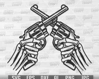 Ręka szkieletu z bronią svg | Clipart 2. poprawki | Plik Cutfile właściciela broni | Tłok dxf | Szablon rewolweru kowbojskiego | Koszula szkieletowego pistoletu png