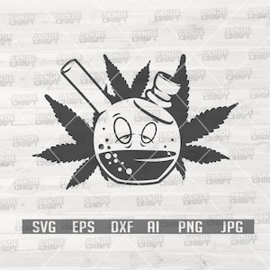 May include: Black and white illustration of a marijuana leaf with a bong in the center. The bong has a face with closed eyes and a smile.