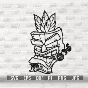 Könnte beinhalten: Schwarz-weißes Tiki-Masken-Design mit detailliertem Schnitz-Aussehen. Die Maske zeigt ein stilisiertes Gesicht mit breitem Mund, Nase und Augen. Die Oberseite der Maske hat ein dekoratives Element aus Blättern. Das Bild enthält Dateiformatoptionen: SVG, EPS, DXF, AI, PNG und JPG.