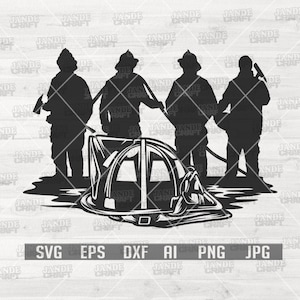 May include: Silhouette of four firefighters standing in a line, holding hoses and axes. A firefighter helmet is in the foreground, with water splashing around it.