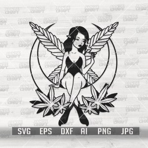 Peut inclure: Illustration en noir et blanc d'une fée assise sur une lune croissante avec des feuilles de marijuana. La fée a des ailes et tient une cigarette.